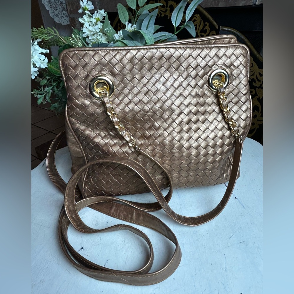 GANSON Purse Shoulder Bag Tote Woven Leather Metallic Gold Multi-Compartment